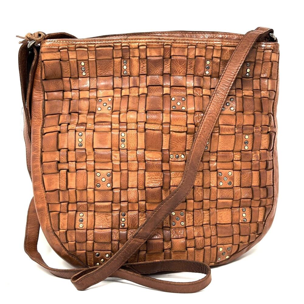 Vilenca Holland Woven Leather Crossbody Bag Cognac Stud Detail NWT